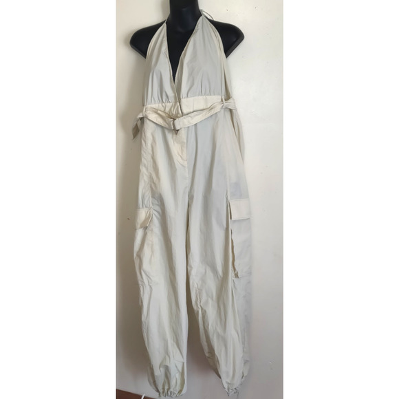 Zara Parachute Jumpsuit XL Halter Cargo Gorp Plunge ECRU Cream NWT Limited Belt - Picture 1 of 16